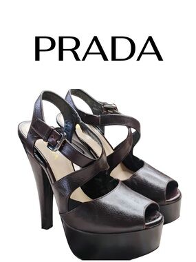 Prada Nappa Leather Platform Sandals Crisscross PLATFORM peep toe Heels 9 / 39.5